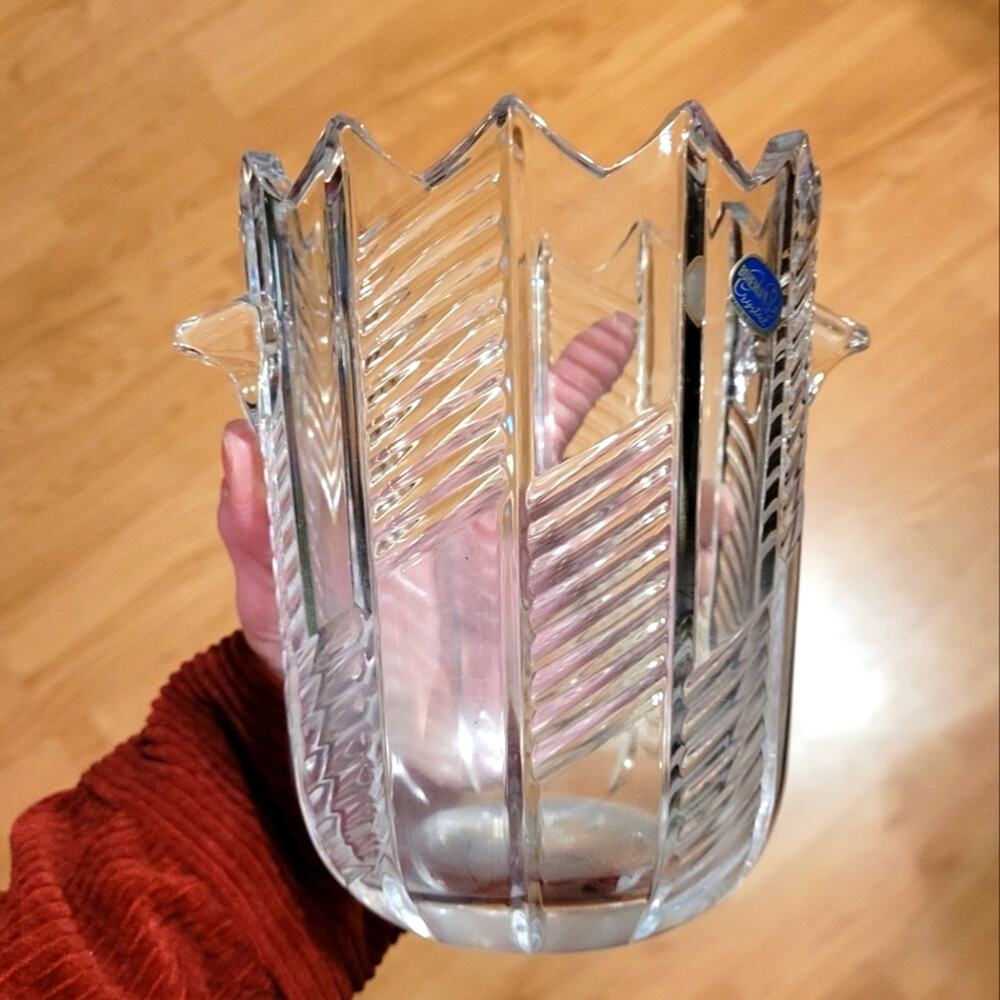 Vintage Bohemian Czech Cut Glass Ice Bucket Vase Etched Crystal 7"